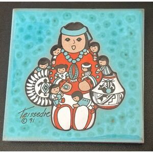 Vtg Story Teller Wall Art Tile Coaster Native Children Cleo Teissedre 4" Ceramic